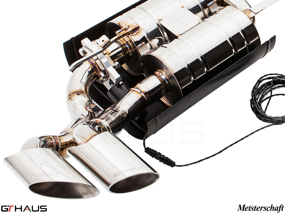 Premium Meisterschaft exhaust system for BMW E71 X6 SAV 5.0i, featuring polished stainless steel and electronic valve control.