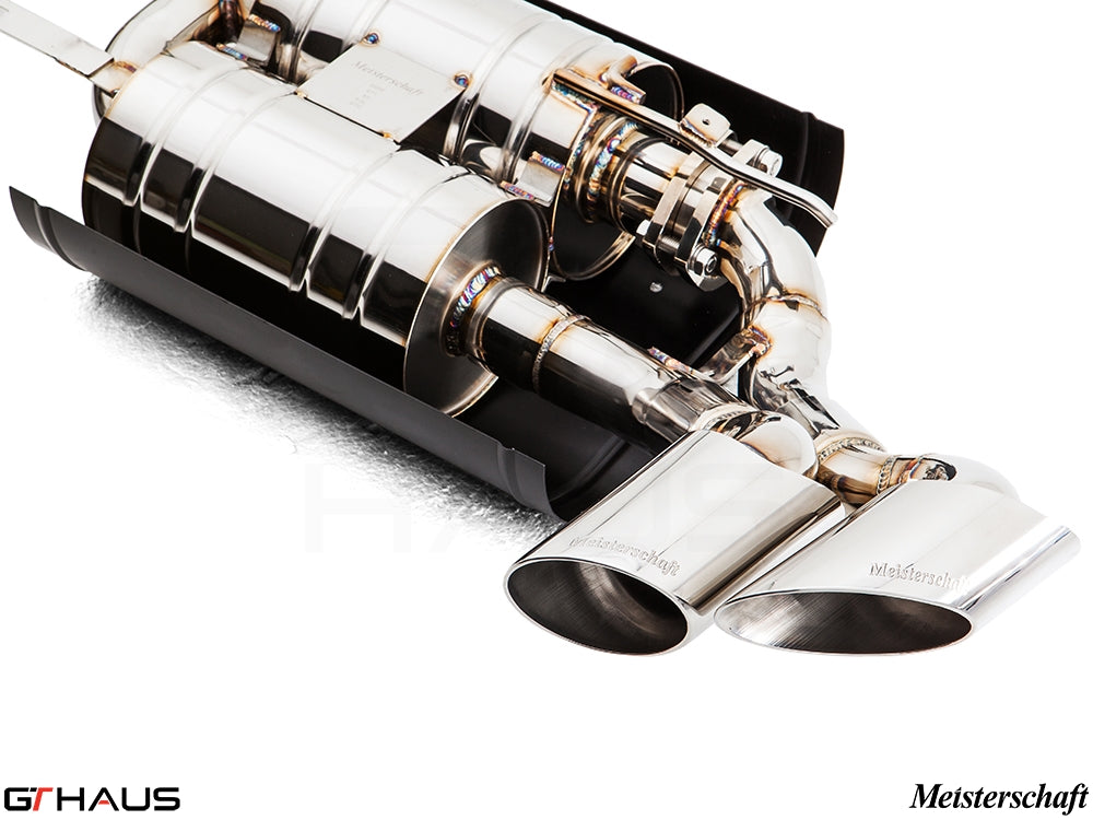 Premium Meisterschaft exhaust system for BMW E71 X6 SAV 5.0i, featuring polished stainless steel and advanced valve control.