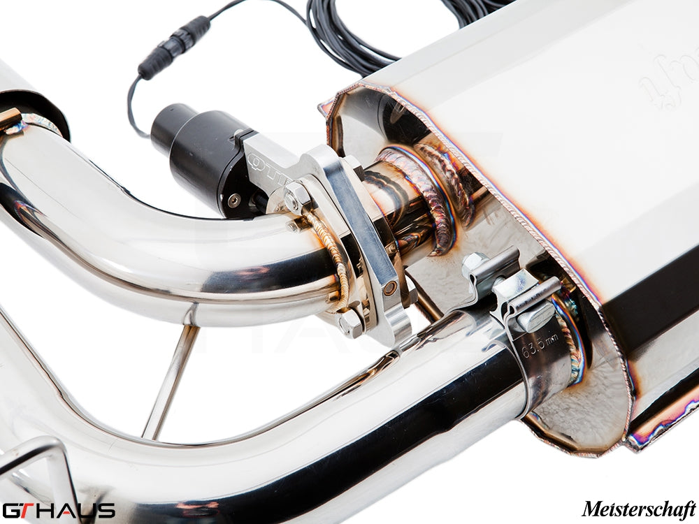 Premium performance exhaust system for BMW E71 X6M featuring V8 twin-turbo, showcasing stainless steel craftsmanship.