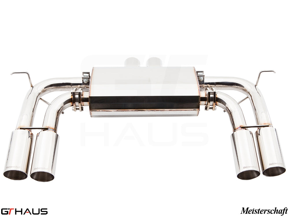 Premium exhaust system for BMW E71 X6M, featuring V8 twin-turbo design and polished stainless steel tips.