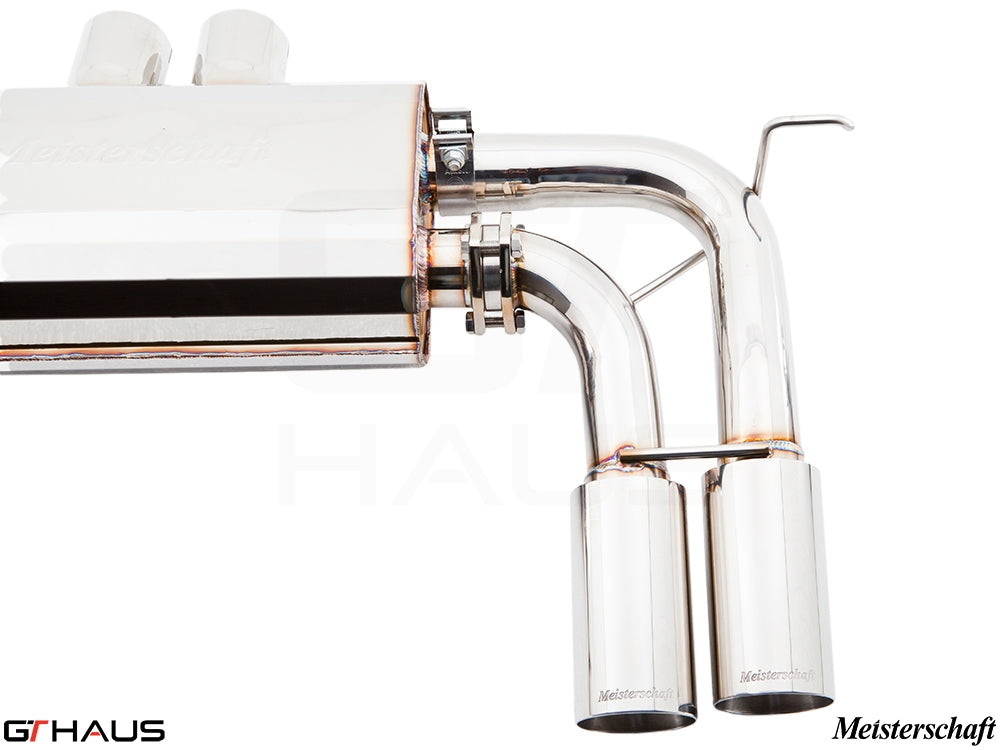 Premium Meisterschaft exhaust system for BMW E71 X6M, featuring dual tips and high-performance stainless steel construction.