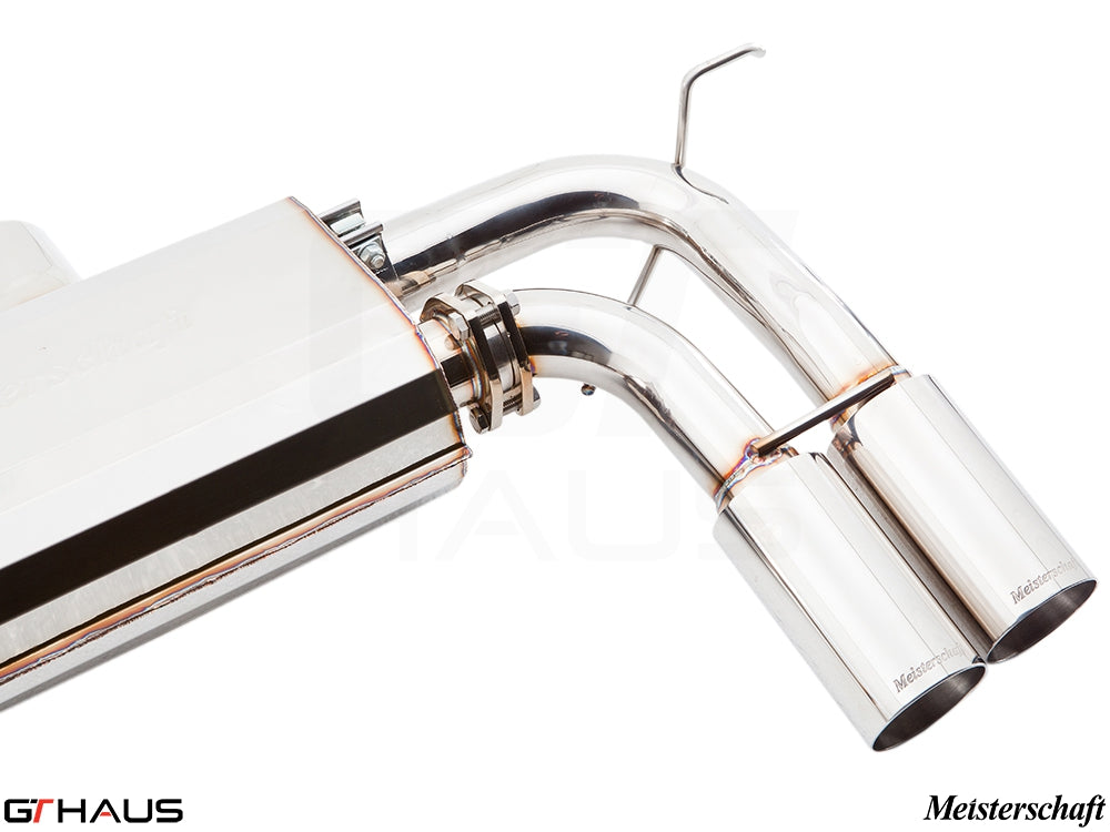 Premium Meisterschaft exhaust system for BMW E71 X6M, featuring polished dual tips and high-performance design.