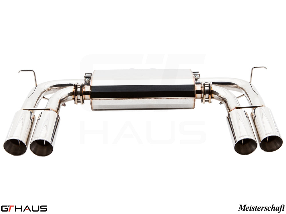 Premium exhaust system for BMW E71 X6M featuring polished stainless steel, quad tips, and enhanced performance design.
