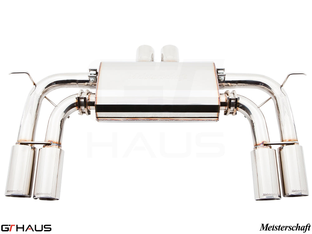 Premium exhaust system for BMW E71 X6M (2008-2014) featuring polished stainless steel and quad tips for enhanced performance.