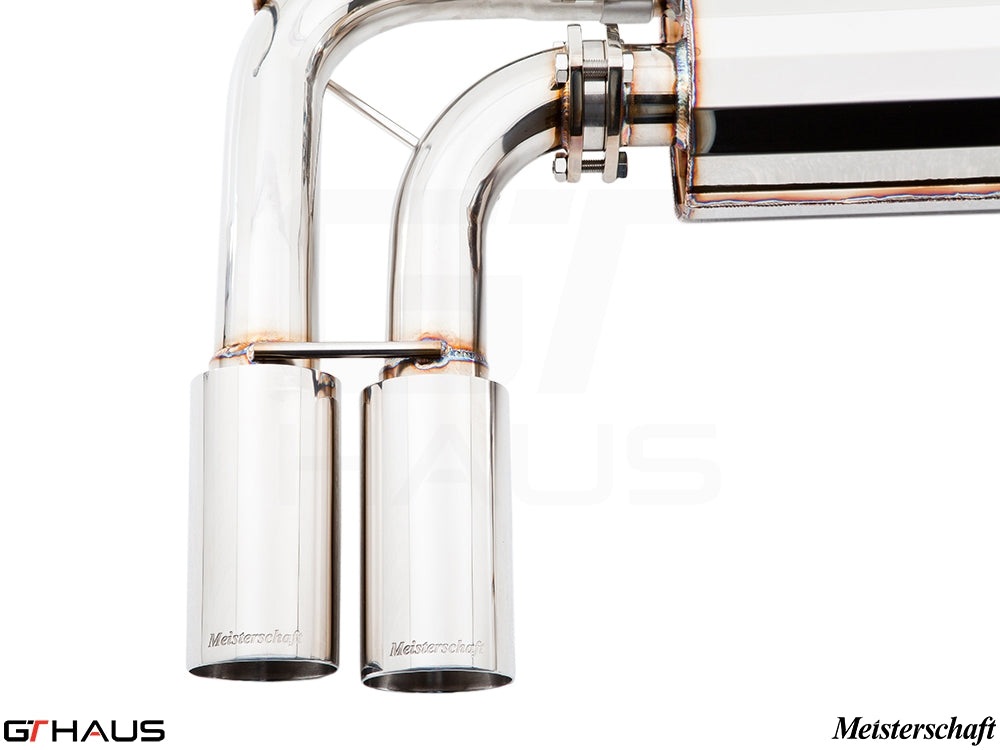 Premium Meisterschaft exhaust system for BMW E71 X6M (2008-2014) featuring polished stainless steel tips and precision welding.