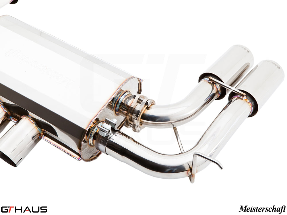 Premium exhaust system for BMW E71 X6M featuring polished stainless steel construction and dual tips for enhanced performance.