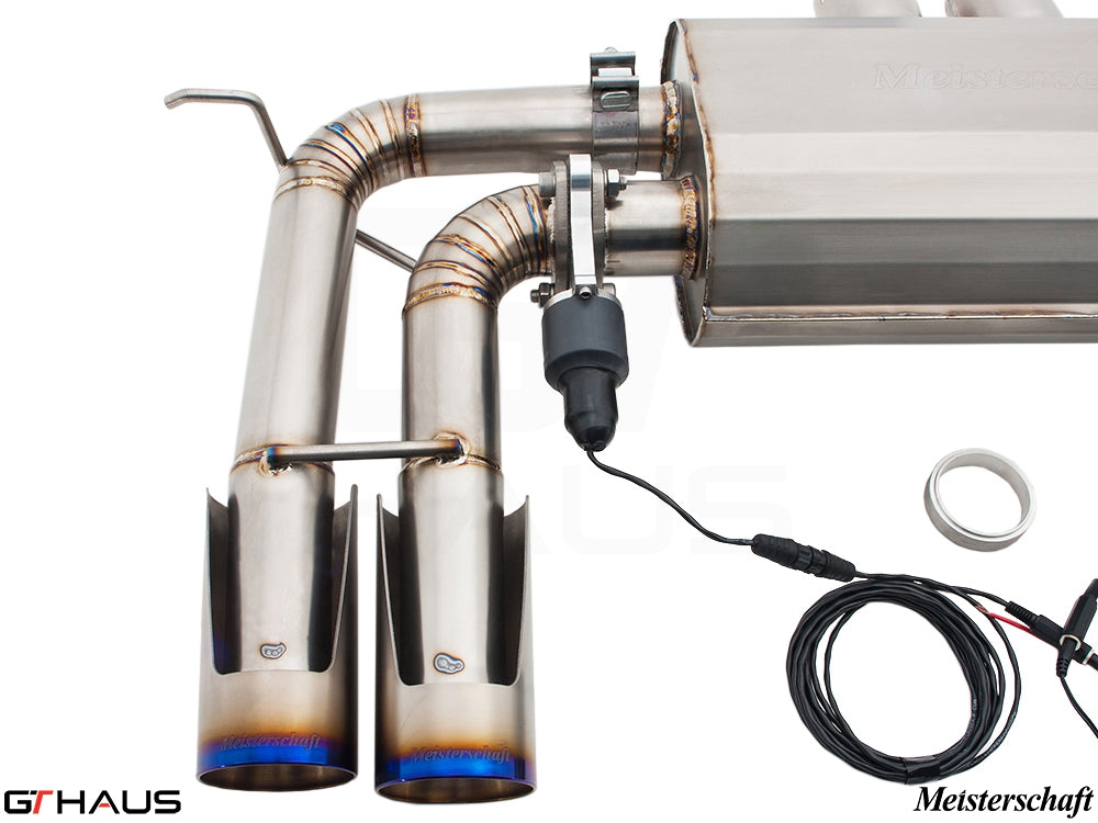 Premium Meisterschaft exhaust system for BMW E71 X6M featuring V8 twin-turbo, with electronic valve control and stainless steel finish.