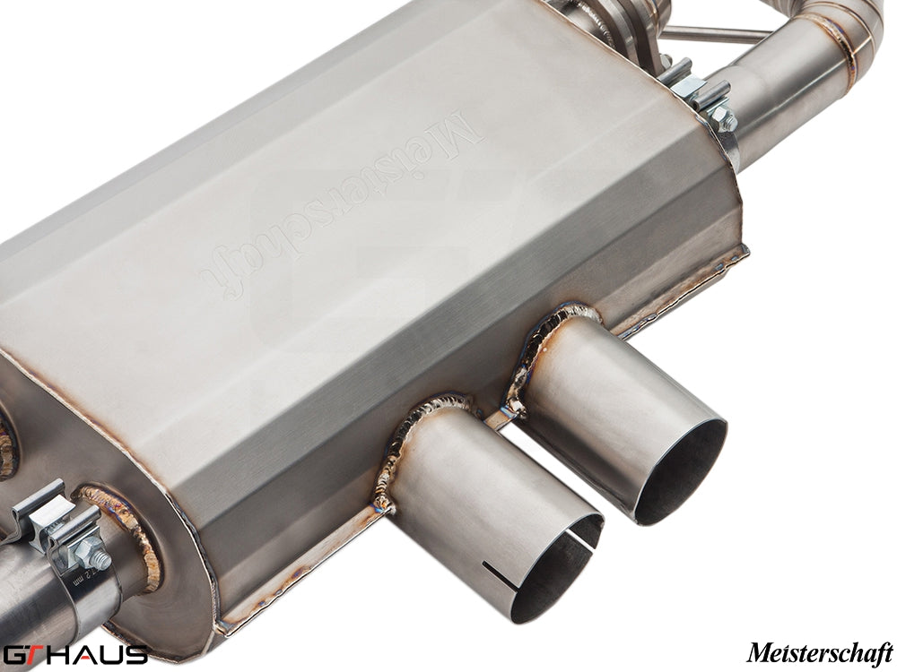 Premium Meisterschaft exhaust system for BMW E71 X6M, featuring V8 twin-turbo design with polished dual tips.