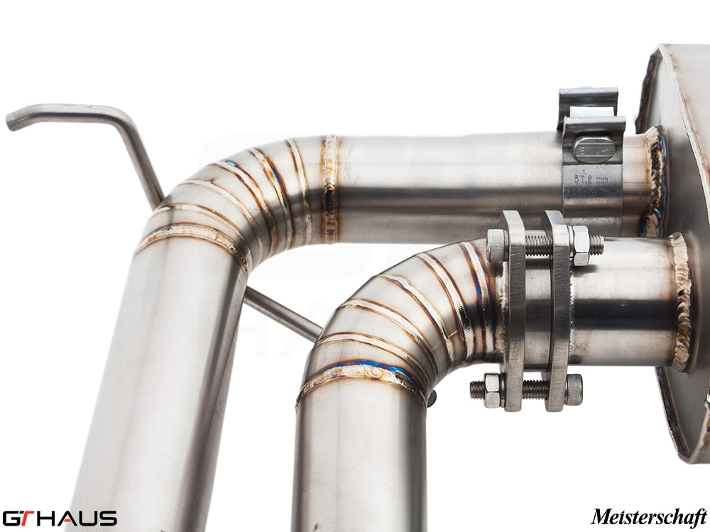 Premium stainless steel exhaust system for BMW E71 X6M, showcasing precision welding and robust construction.