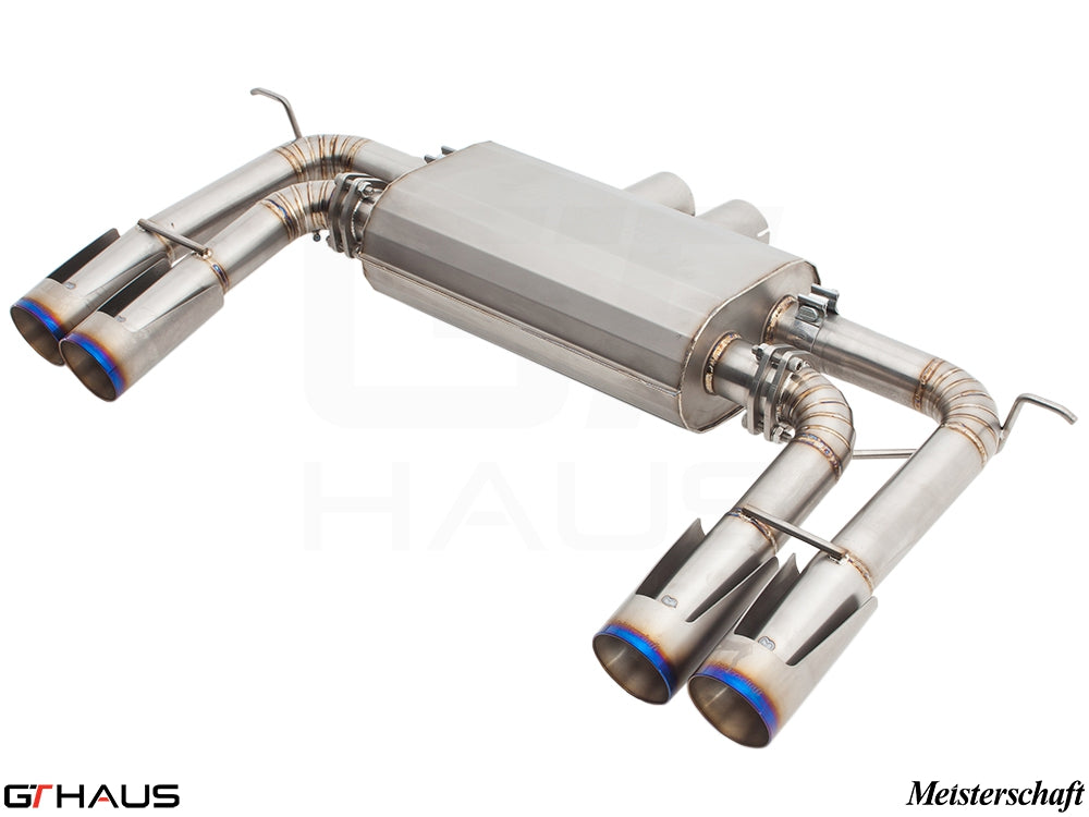 Premium performance exhaust system for BMW E71 X6M, featuring V8 twin-turbo design and polished stainless steel finish.