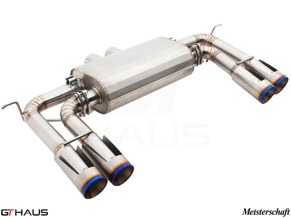 Premium performance exhaust system for BMW E71 X6M, featuring a V8 twin-turbo design with polished stainless steel tips.