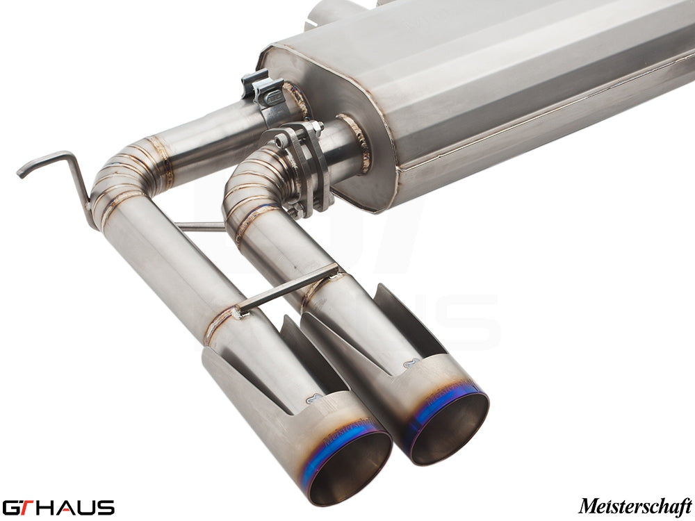 Premium Meisterschaft exhaust system for BMW E71 X6M, featuring polished stainless steel tips and advanced design for enhanced performance.