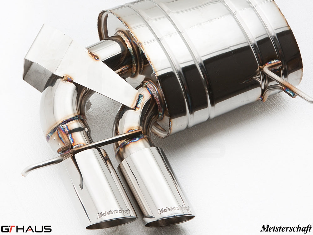 Premium Meisterschaft exhaust system for BMW E82/88 1 Series 135i, featuring polished stainless steel construction and dual tips.