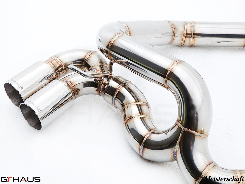 Premium stainless steel exhaust system for BMW E82/88 1 Series 1M, featuring dual tips and precision welding.
