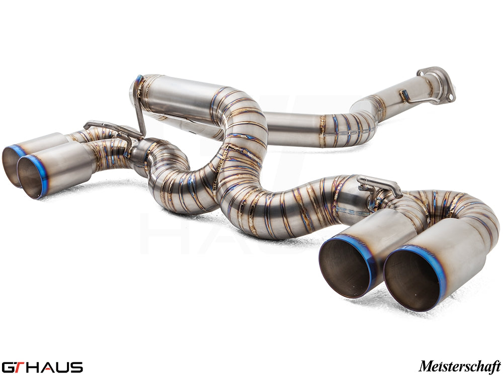 Premium performance exhaust system for BMW E82/88 1 Series 1M, featuring stainless steel construction and dual tips.