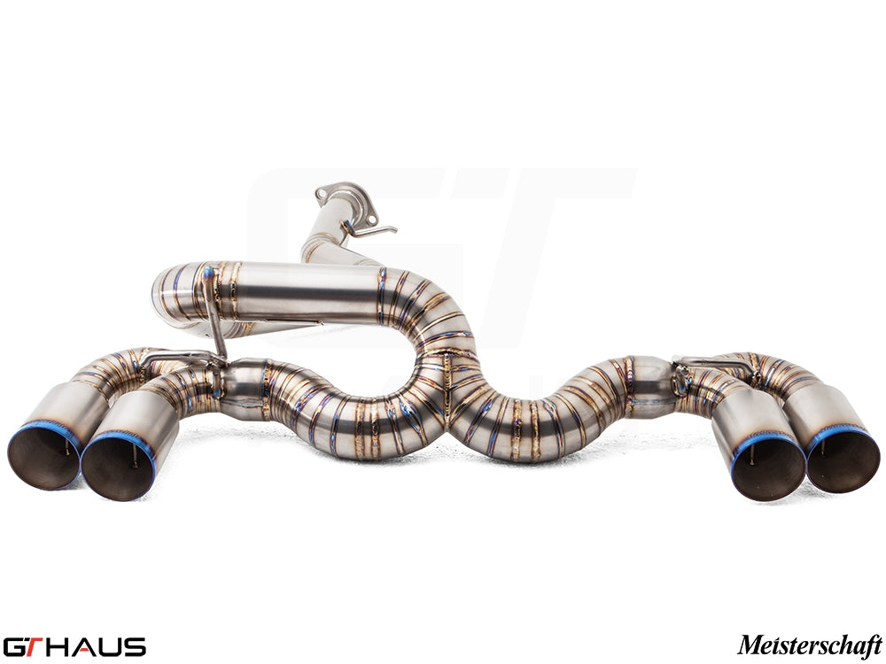 Premium performance exhaust system for BMW E82/88 1 Series 1M, featuring stainless steel construction and quad tips.