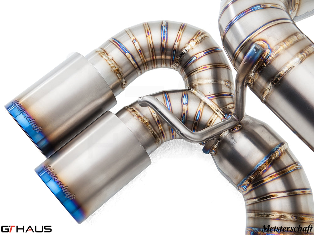 Premium stainless steel exhaust system for BMW E82/88 1 Series 1M, featuring precision welds and dual tips.