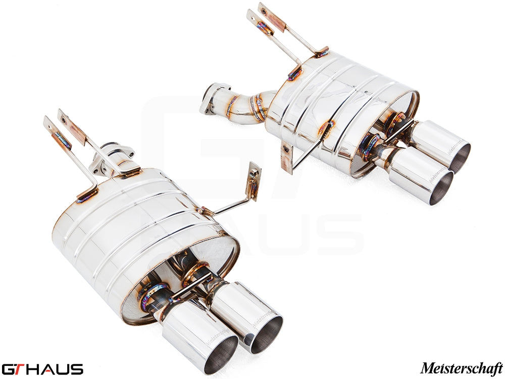 Premium exhaust system for BMW E85/86 Z4M, featuring polished stainless steel finish and dual tips for enhanced performance.