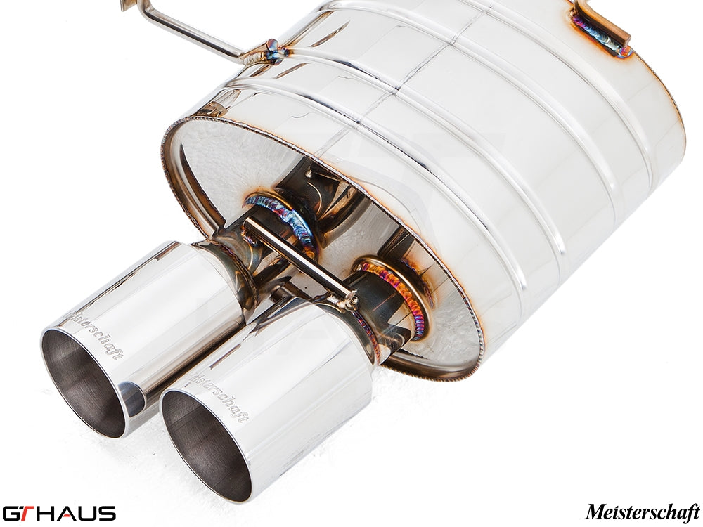 Premium performance exhaust for BMW E85/86 Z4M, featuring polished stainless steel tips and Meisterschaft branding.