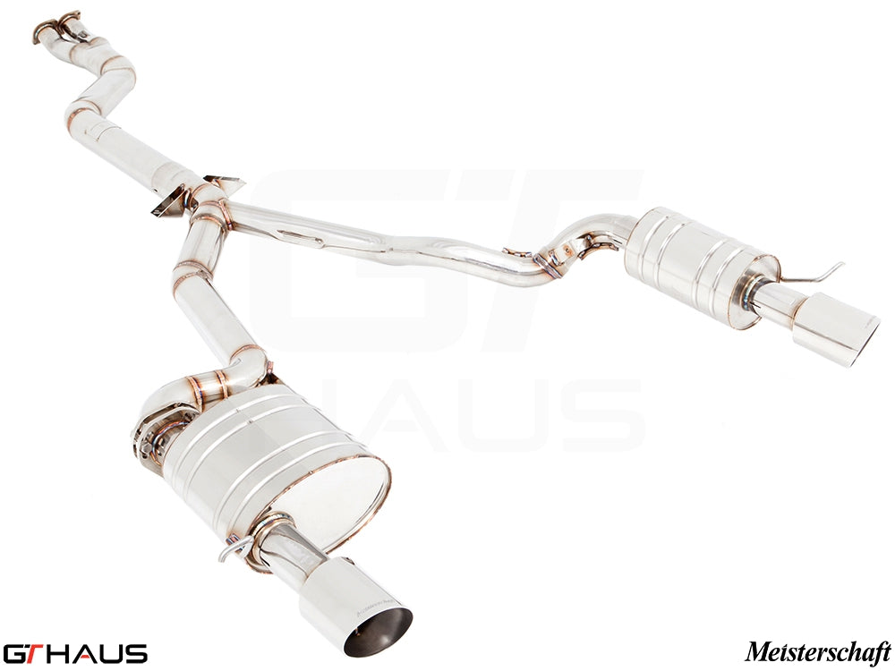 Premium performance exhaust system for BMW E89 Z4 3.5i/is, featuring stainless steel construction and Meisterschaft branding.