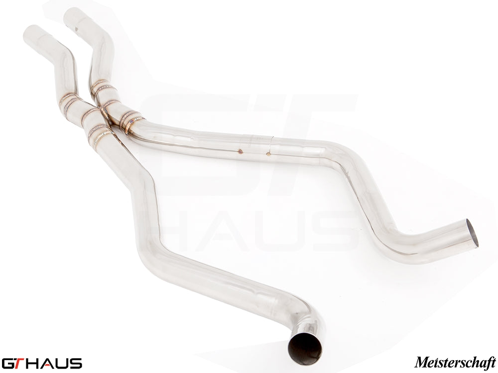 Stainless steel Section 2 pipes for BMW E90/91/92/93 335i/xi models, enhancing exhaust flow and performance.