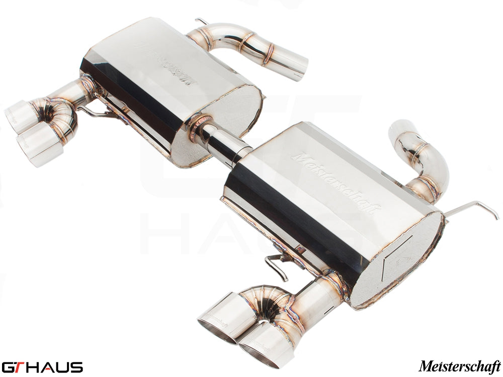 Premium Meisterschaft exhaust system for BMW E90/91/92/93 335i/xi models, featuring polished stainless steel construction.