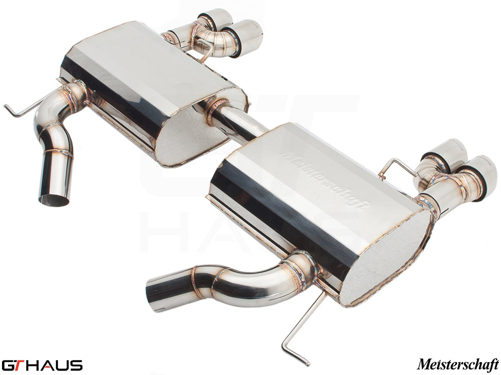 Premium Meisterschaft exhaust system for BMW E90/91/92/93 335i/xi models, featuring stainless steel construction and dual tips.