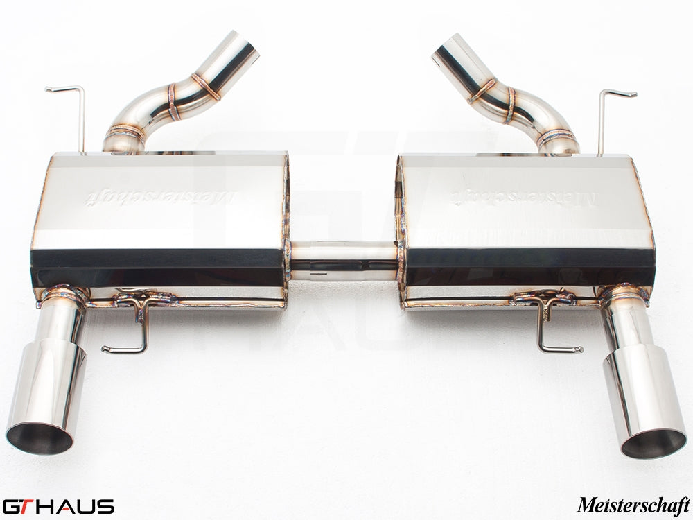Premium Meisterschaft exhaust system for BMW E90/91/92/93 335i/xi models, featuring dual polished tips and stainless steel construction.