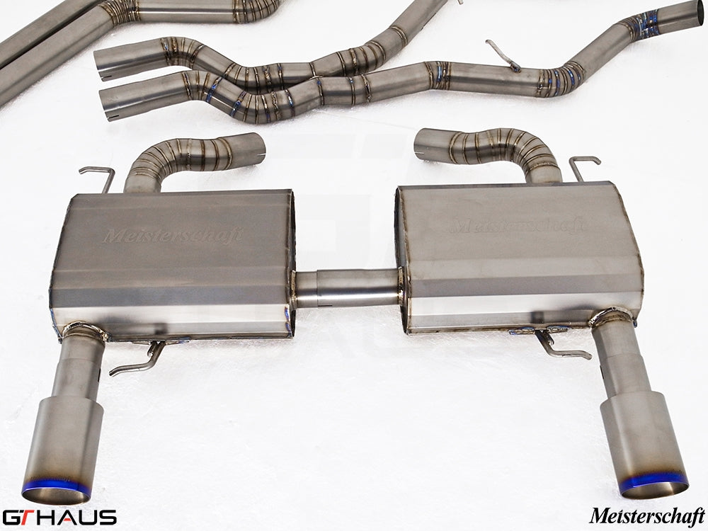 Premium Meisterschaft exhaust system for BMW E90/91/92/93 335i models, featuring dual tips and stainless steel construction.