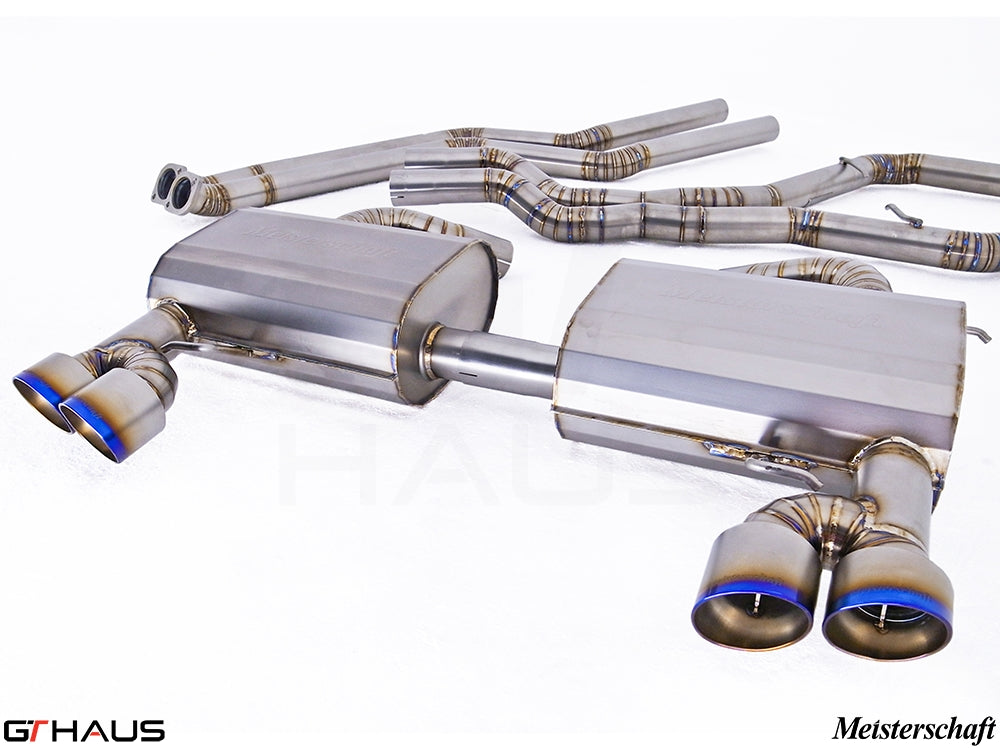 Premium performance exhaust system for BMW E90/91/92/93 335i/xi models, featuring stainless steel construction and dual tips.