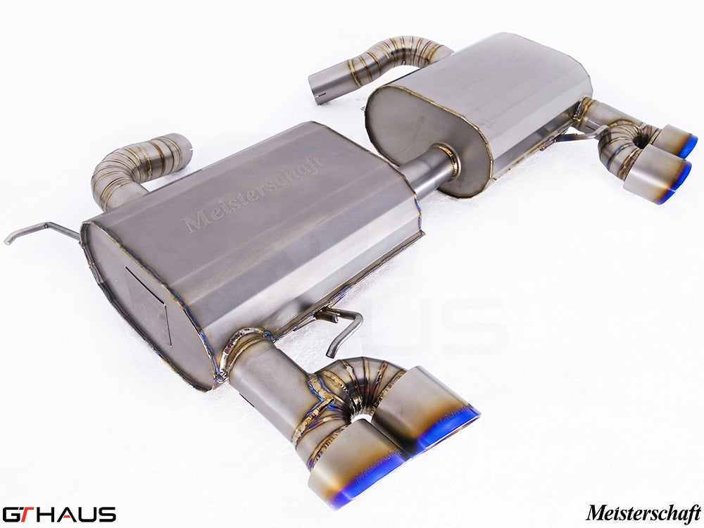 Premium Meisterschaft exhaust system for BMW E90/91/92/93 335i/xi models, featuring stainless steel construction and dual tips.