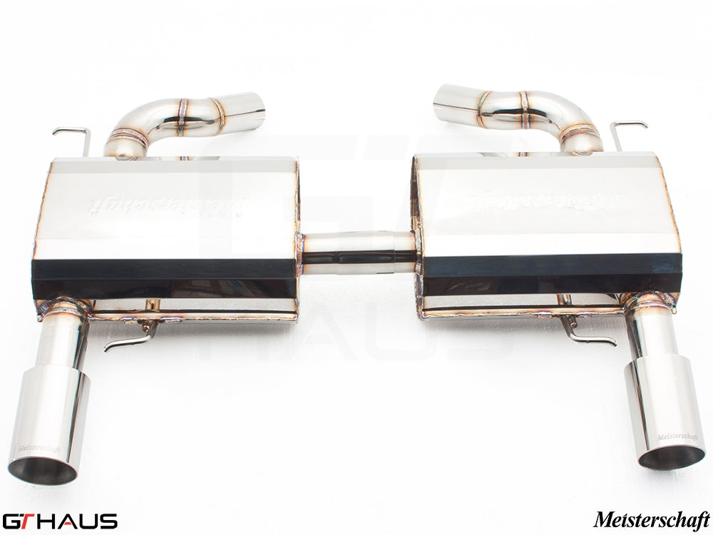 Premium exhaust system for BMW E90/91/92/93 335i/xi models, featuring polished stainless steel construction and dual tips.