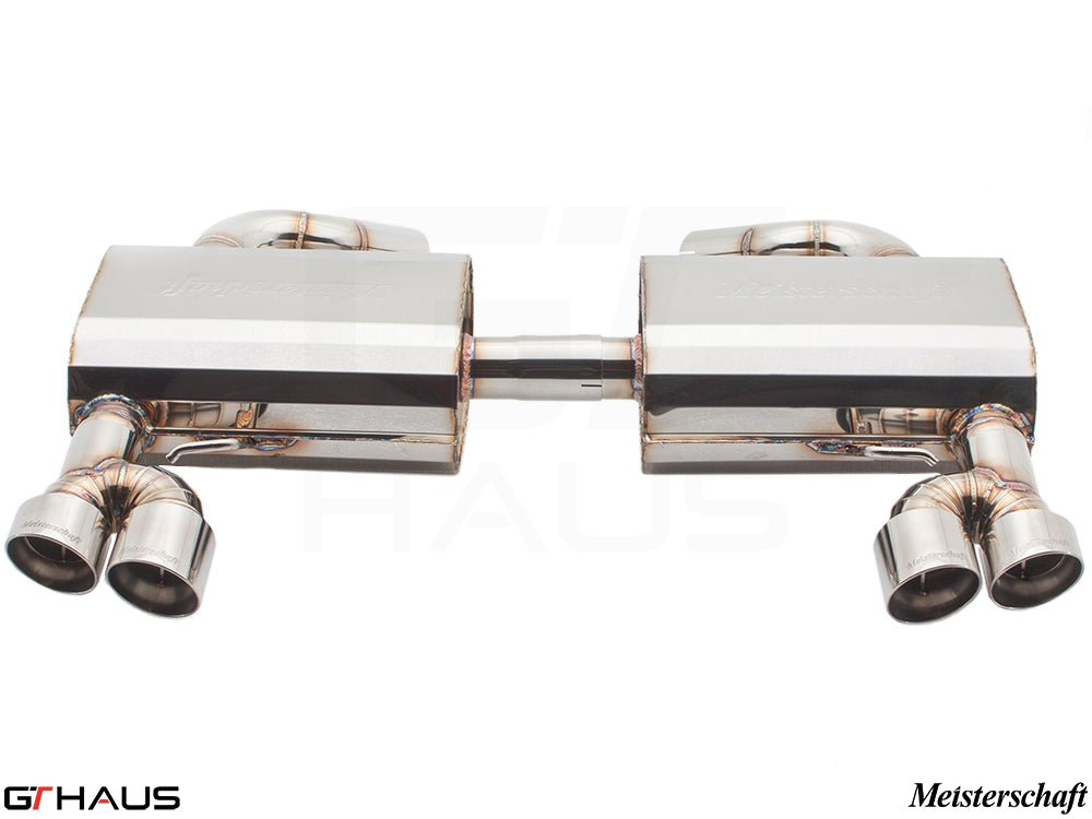 Premium performance exhaust system for BMW E90/91/92/93 335i/xi models, featuring polished tips and dual outlets.