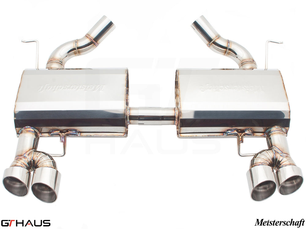 Premium exhaust system for BMW E90/91/92/93 335i/xi models, featuring polished stainless steel construction and dual tips.