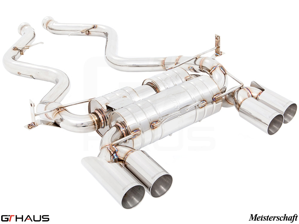 Premium exhaust system for BMW E90/92/93 M3 4.0L V8, featuring stainless steel construction and dual tips.