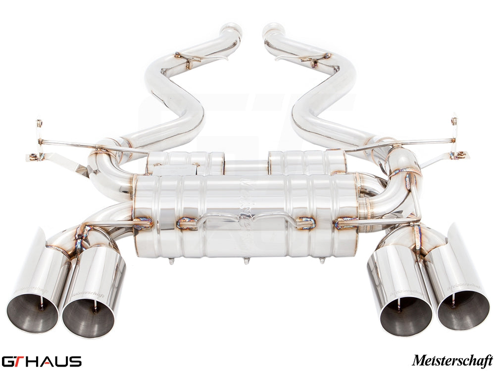 Premium performance exhaust system for BMW E90/92/93 M3 4.0L V8, featuring stainless steel construction and dual tips.