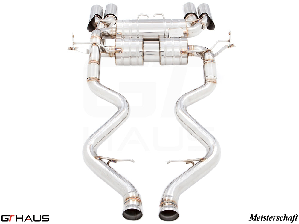 Premium exhaust system for BMW E90/92/93 M3 4.0L V8, featuring stainless steel construction and dual tips.