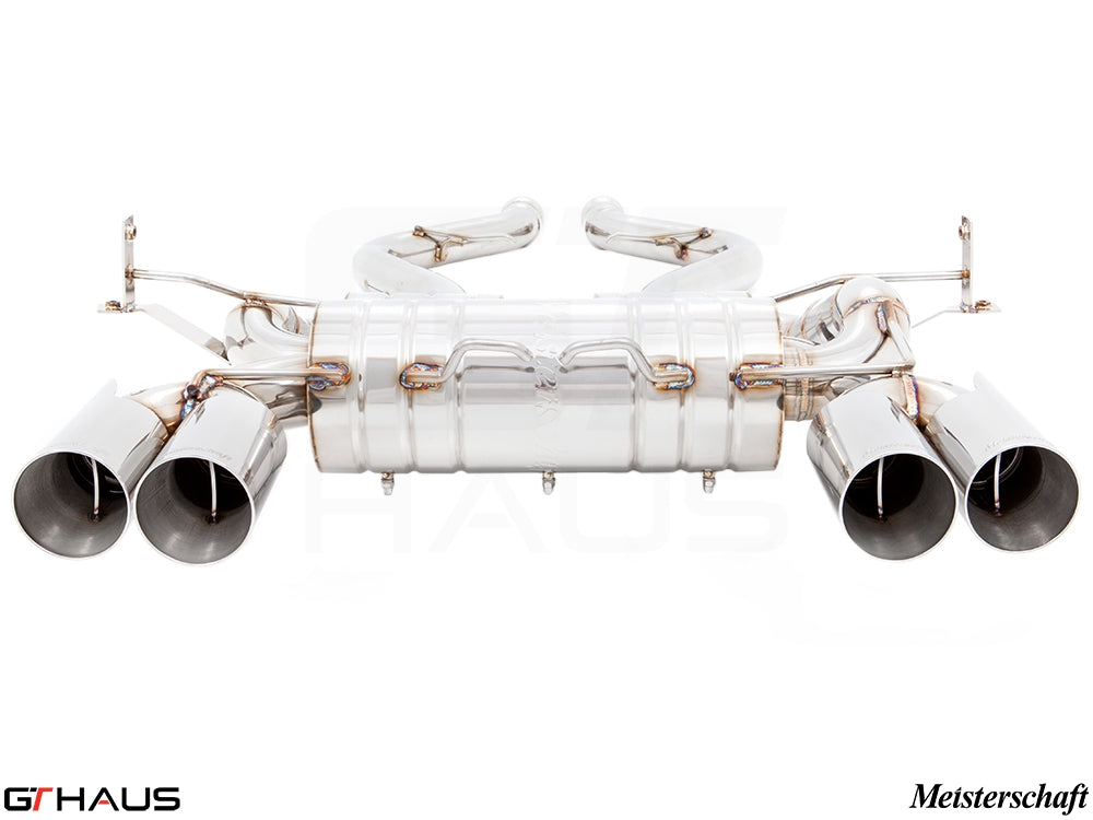 Premium exhaust system for BMW E90/92/93 M3 4.0L V8, featuring polished tips and superior craftsmanship.