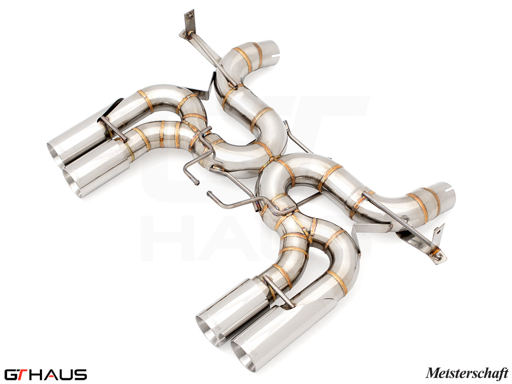 Premium stainless steel exhaust system for BMW E90/92/93 M3 4.0L V8, featuring Meisterschaft design and performance.