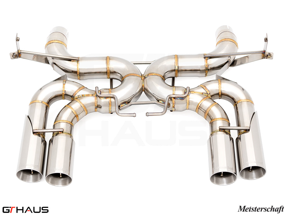Premium exhaust system for BMW E90/92/93 M3 4.0L V8, featuring polished stainless steel construction and quad tips.