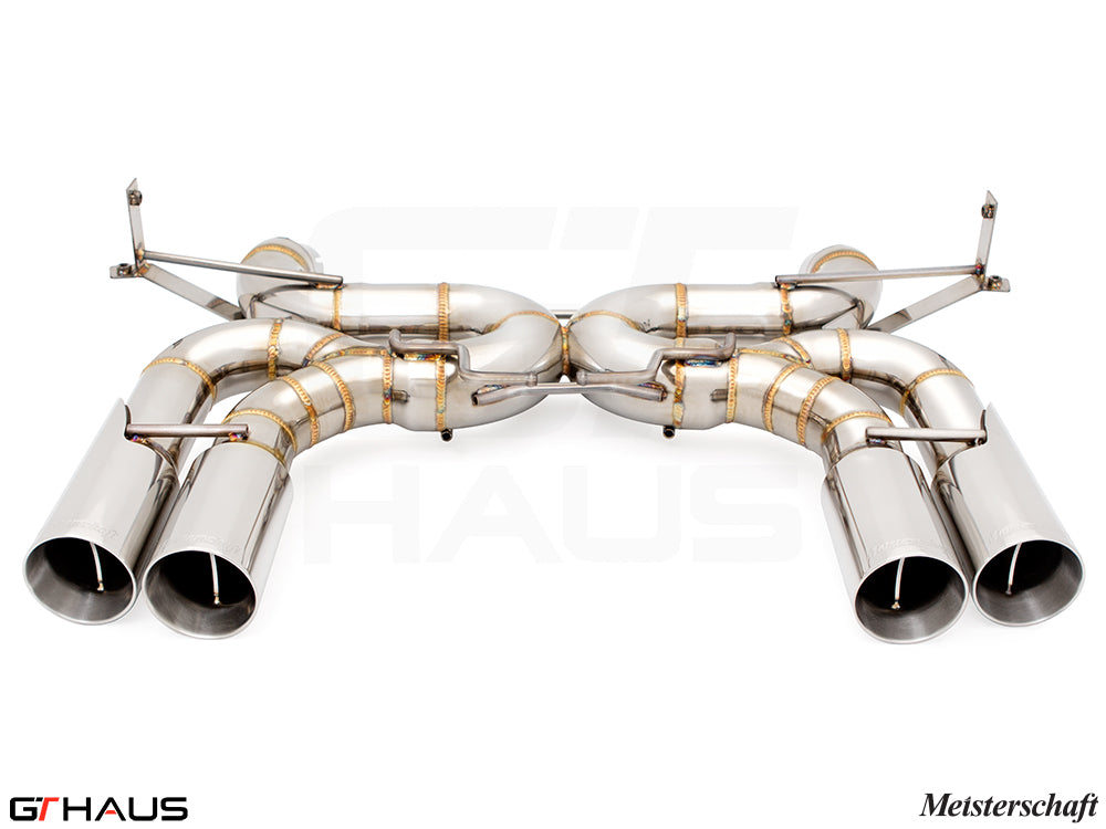 Premium performance exhaust system for BMW E90/92/93 M3 4.0L V8, featuring stainless steel construction and dual tips.