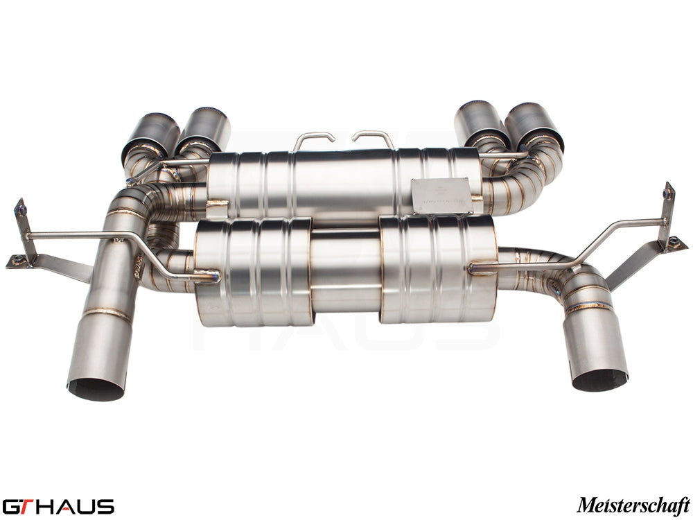 Premium exhaust system for BMW E90/92/93 M3 4.0L V8, featuring stainless steel construction and Meisterschaft branding.