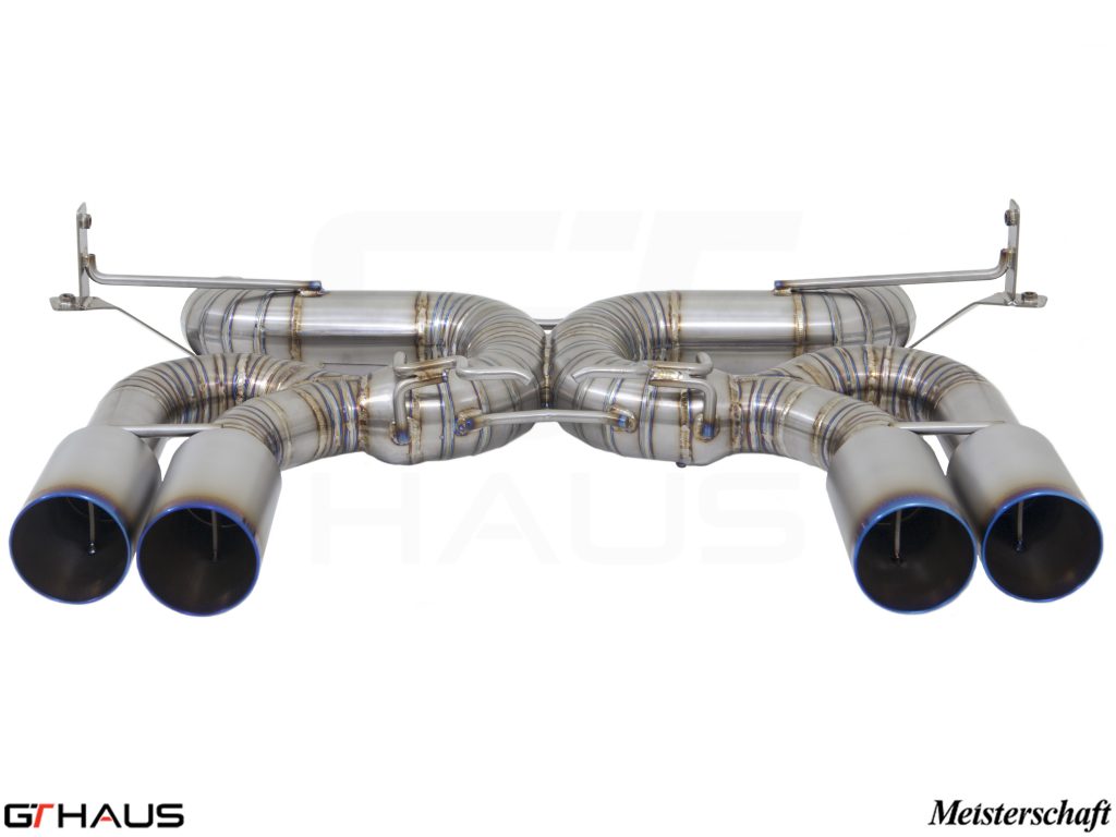 Premium exhaust system for BMW E90/92/93 M3 4.0L V8, featuring stainless steel construction and quad tips.