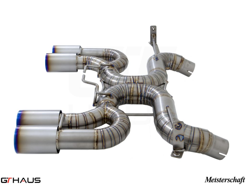 Premium performance exhaust system for BMW E90/92/93 M3 4.0L V8, featuring stainless steel construction and quad tips.