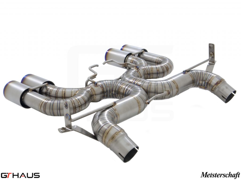 Premium performance exhaust system for BMW E90/92/93 M3 4.0L V8, featuring stainless steel construction and quad tips.