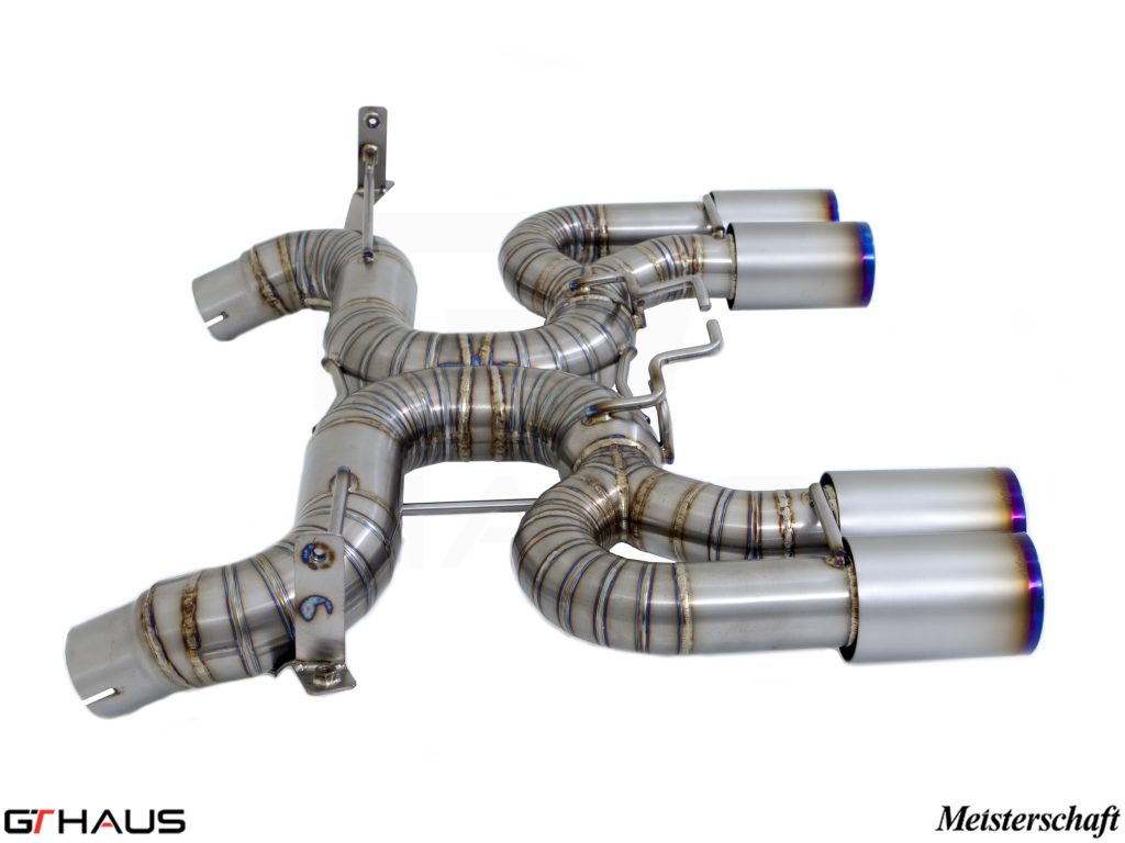 Premium performance exhaust system for BMW E90/92/93 M3 4.0L V8, featuring stainless steel construction and quad tips.