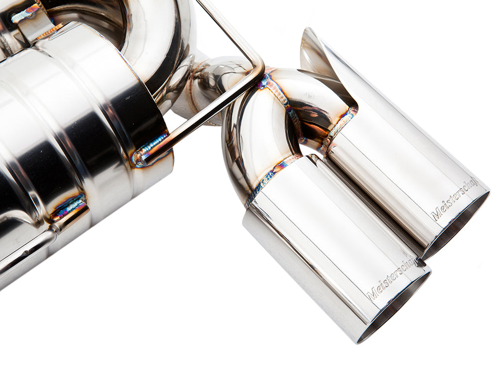 Premium exhaust system for BMW E90/92/93 M3 4.0L V8, featuring polished stainless steel tips and precision engineering.
