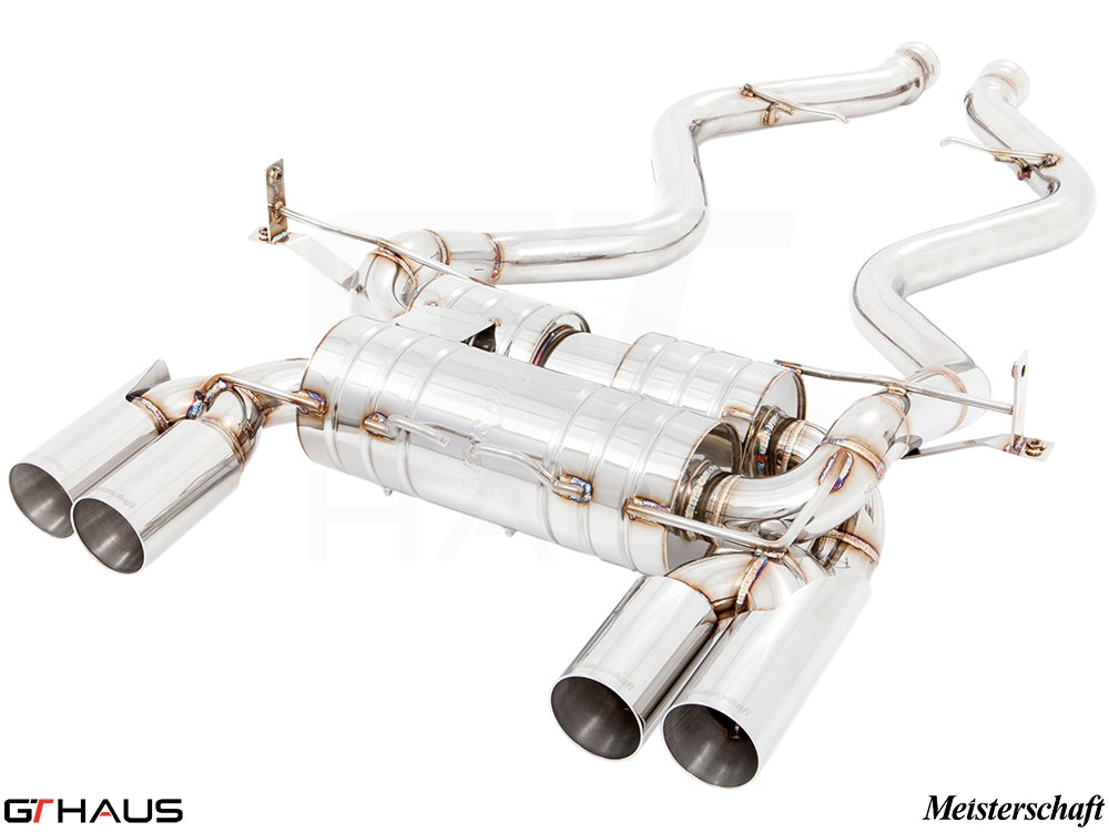 Premium performance exhaust system for BMW E90/92/93 M3 4.0L V8, featuring polished stainless steel and quad tips.