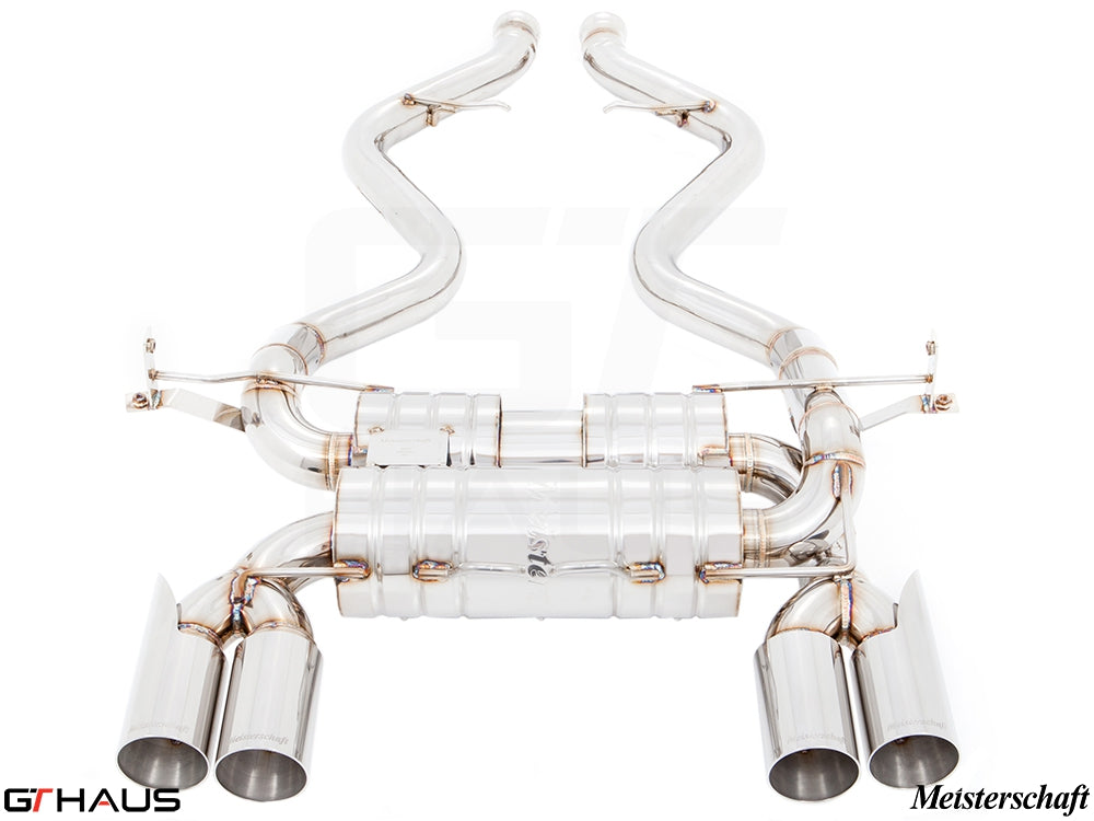 Premium Meisterschaft exhaust system for BMW E90/92/93 M3 4.0L V8, featuring polished stainless steel and dual tips.