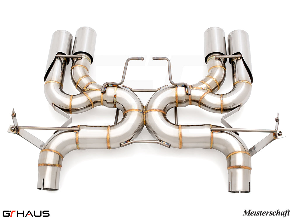 Premium performance exhaust system for BMW E90/92/93 M3 4.0L V8, featuring stainless steel construction and dual tips.